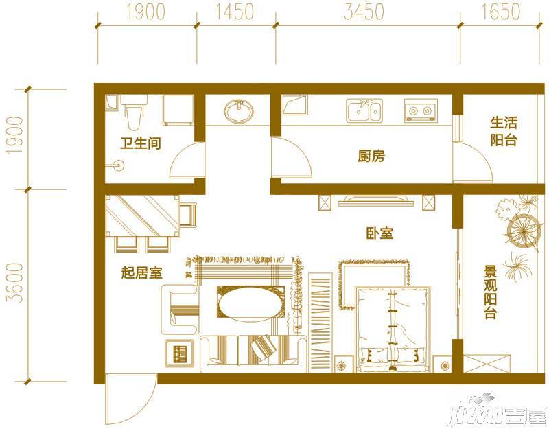 中恒·江南第一城三期1室1厅1卫53.3㎡户型图