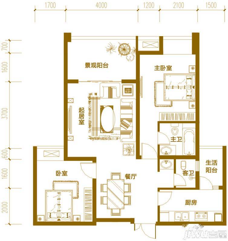 中恒·江南第一城三期2室2厅2卫90.6㎡户型图