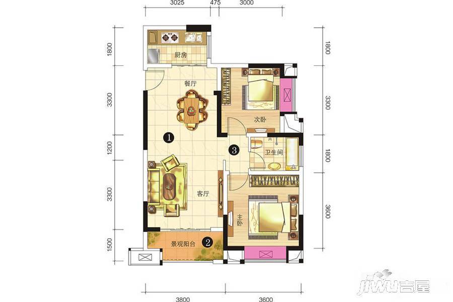 申佳上海时光2室2厅1卫74㎡户型图