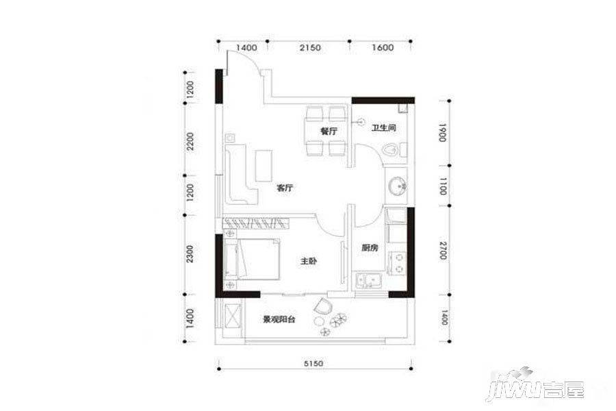 康德国会山1室1厅1卫42.5㎡户型图