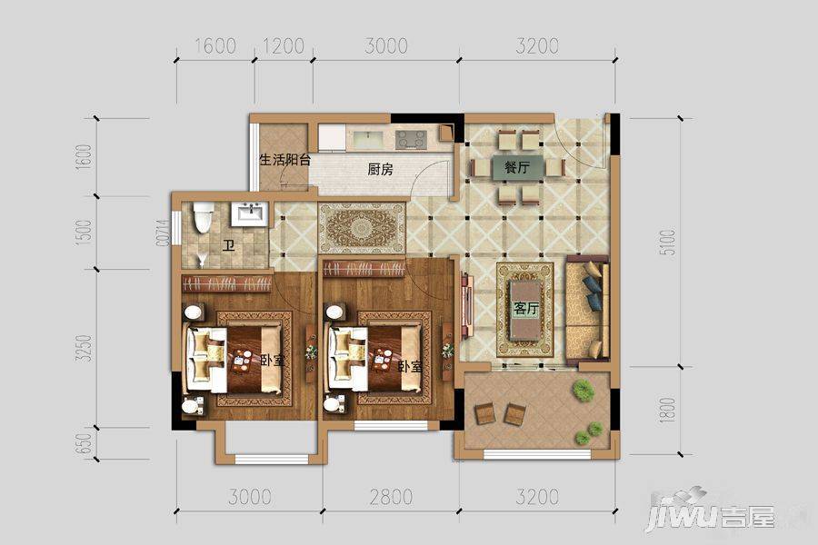 云美森林时光2室2厅1卫62.4㎡户型图