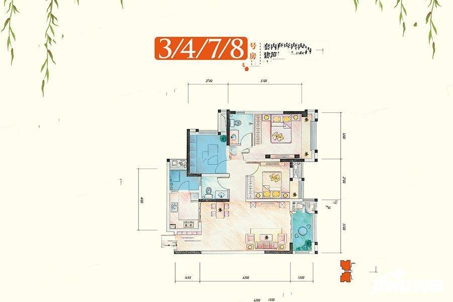 龙脊小时代2室2厅2卫82.6㎡户型图