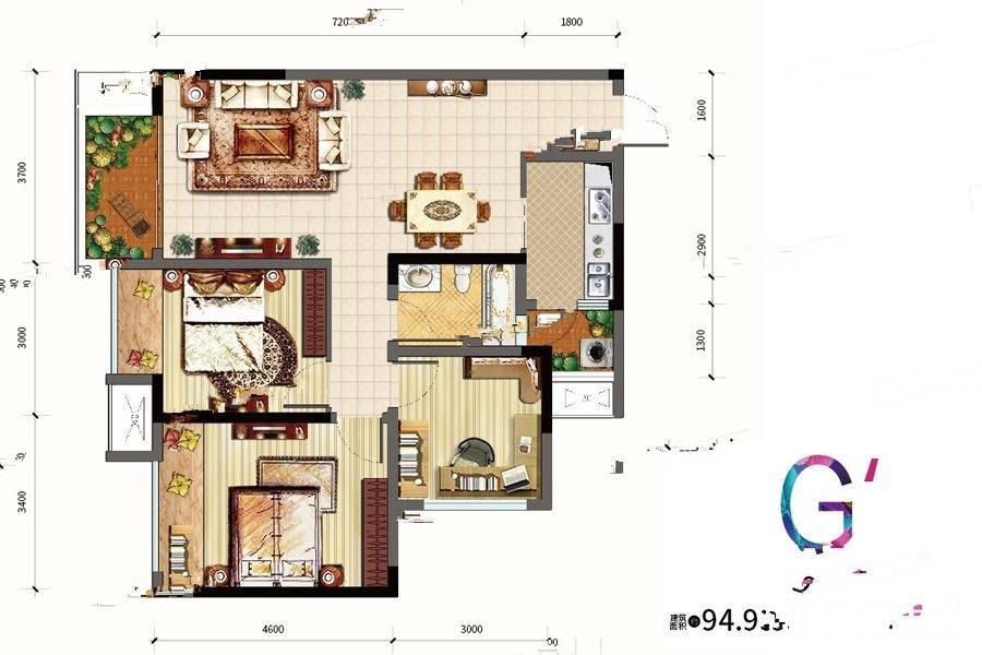 金科天元道2室2厅1卫94.9㎡户型图