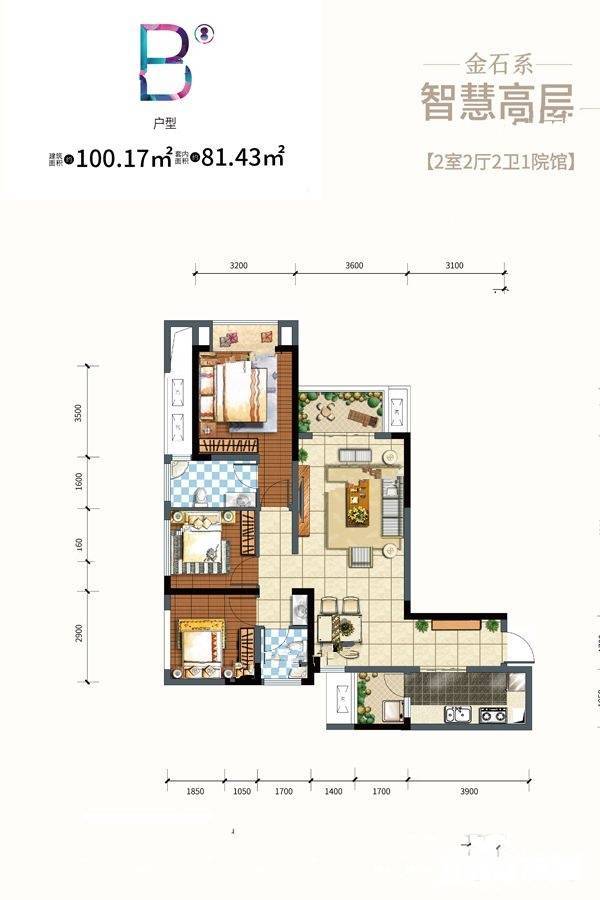 金科天元道2室2厅2卫100.2㎡户型图