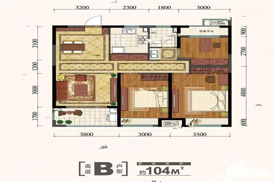 金大地紫金公馆3室2厅1卫104㎡户型图