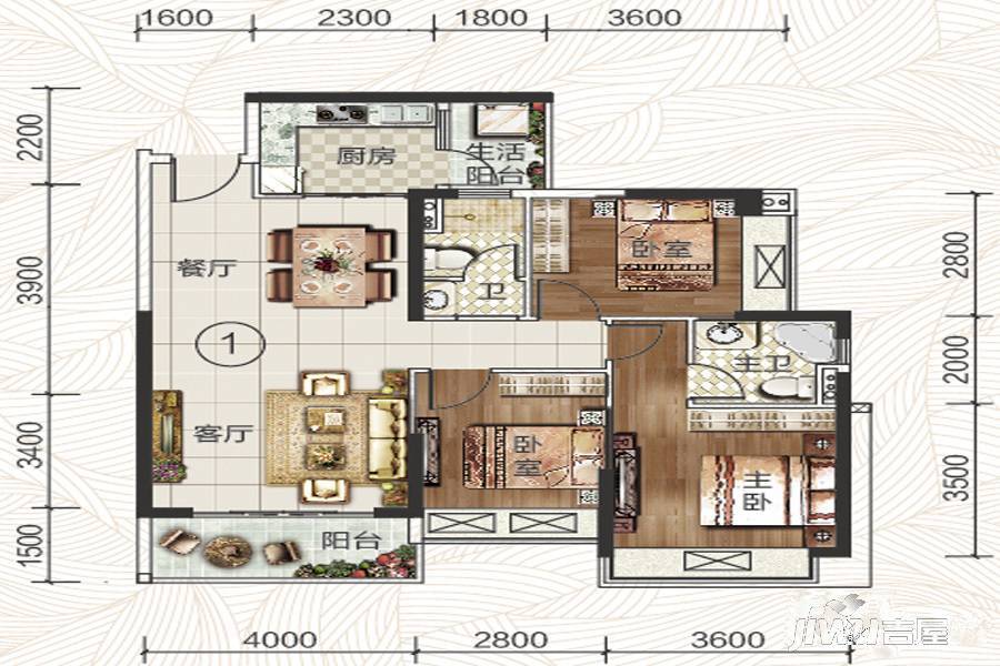 建华翡翠城②期樾江府3室2厅2卫91㎡户型图