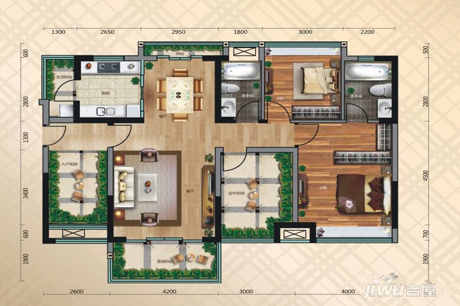 正德玥珑湾2室2厅2卫122.1㎡户型图