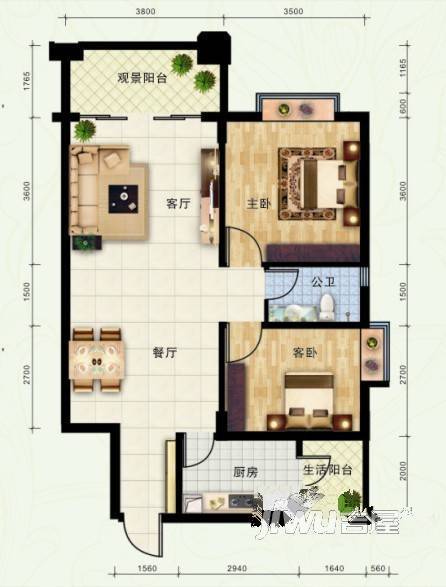 中兴名志铂金湾2室2厅2卫88㎡户型图