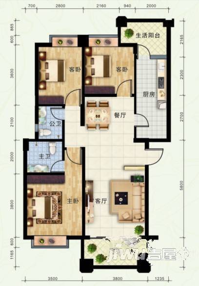 中兴名志铂金湾3室2厅2卫105㎡户型图