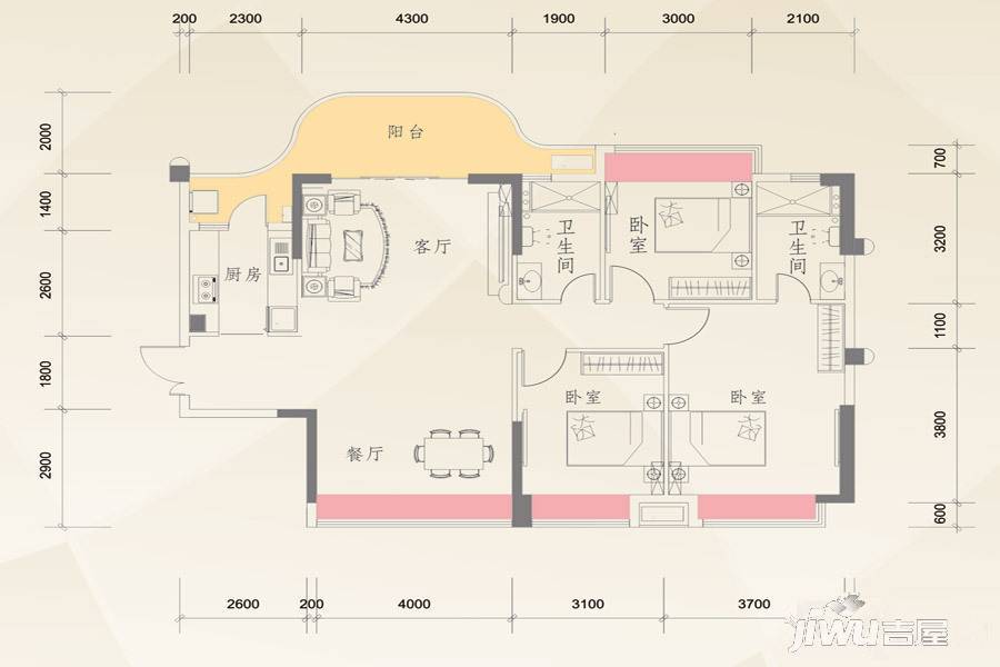 海航城3室2厅2卫129㎡户型图