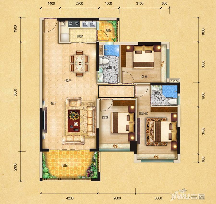 天宇城邦3室2厅2卫108㎡户型图