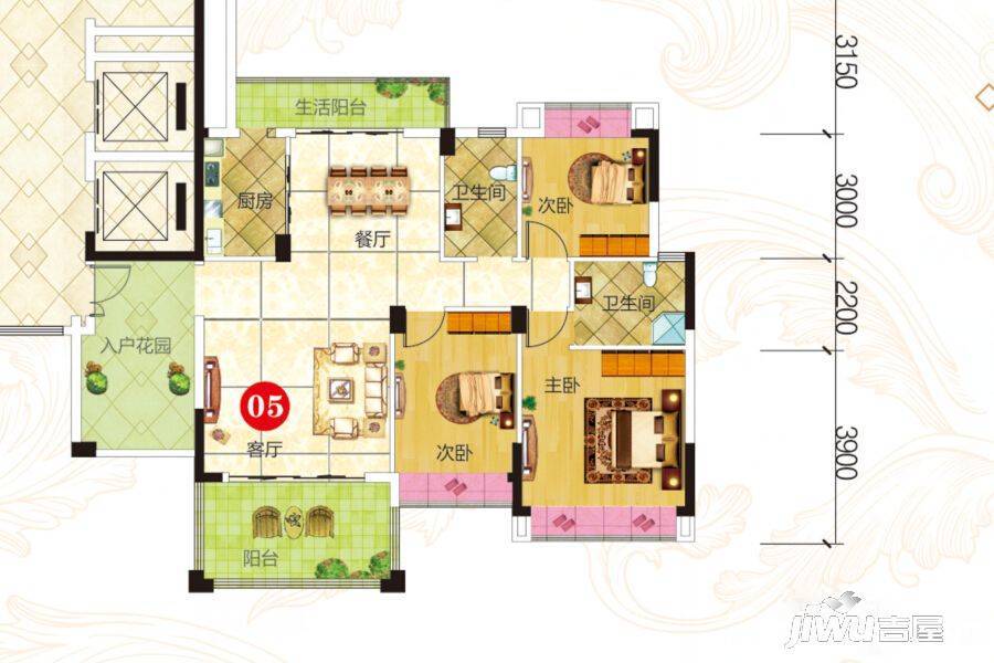 联兴旗峰花园3室2厅2卫125.5㎡户型图