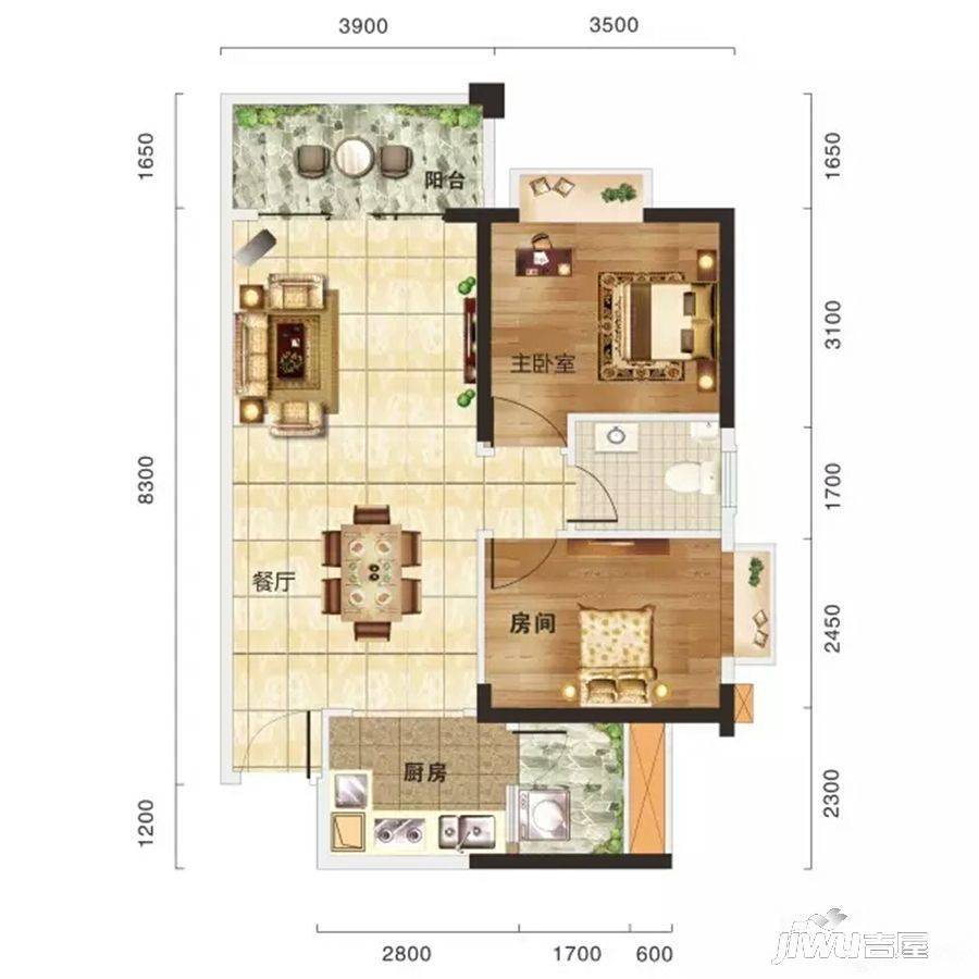 雅居蓝湾2室2厅1卫80㎡户型图