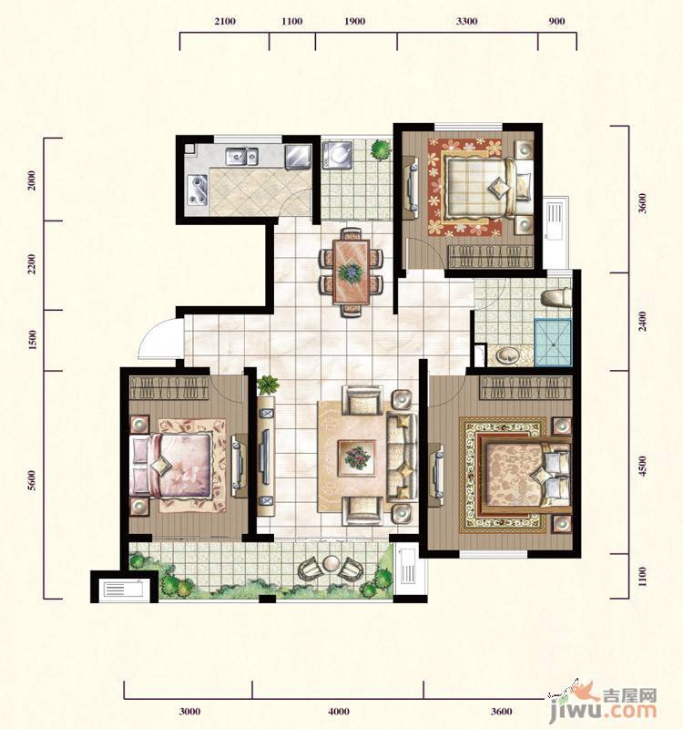 御景园3室2厅1卫105.7㎡户型图