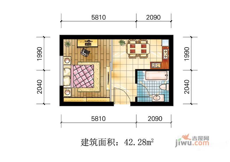 苹果公寓1室1厅1卫42.3㎡户型图