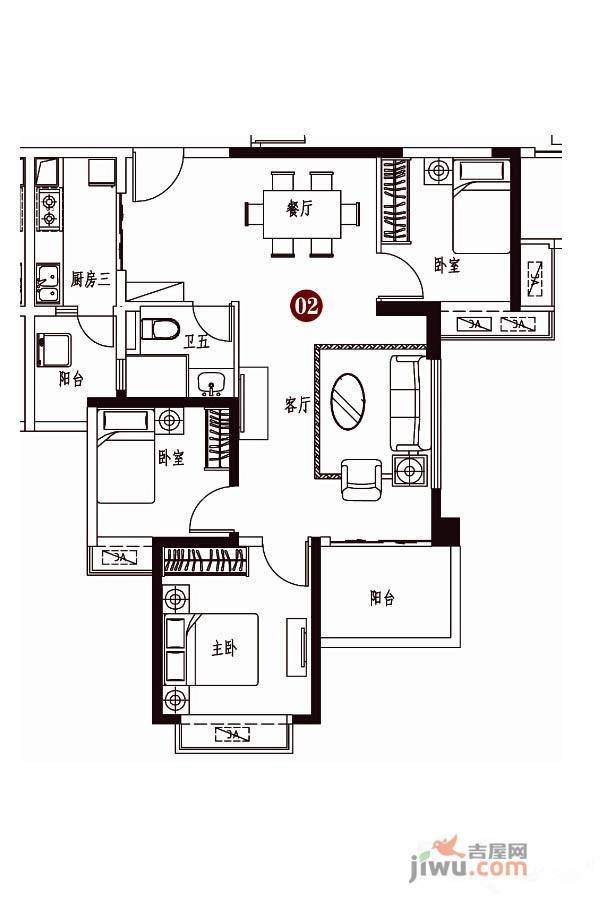 恒大雅苑3室2厅1卫102㎡户型图