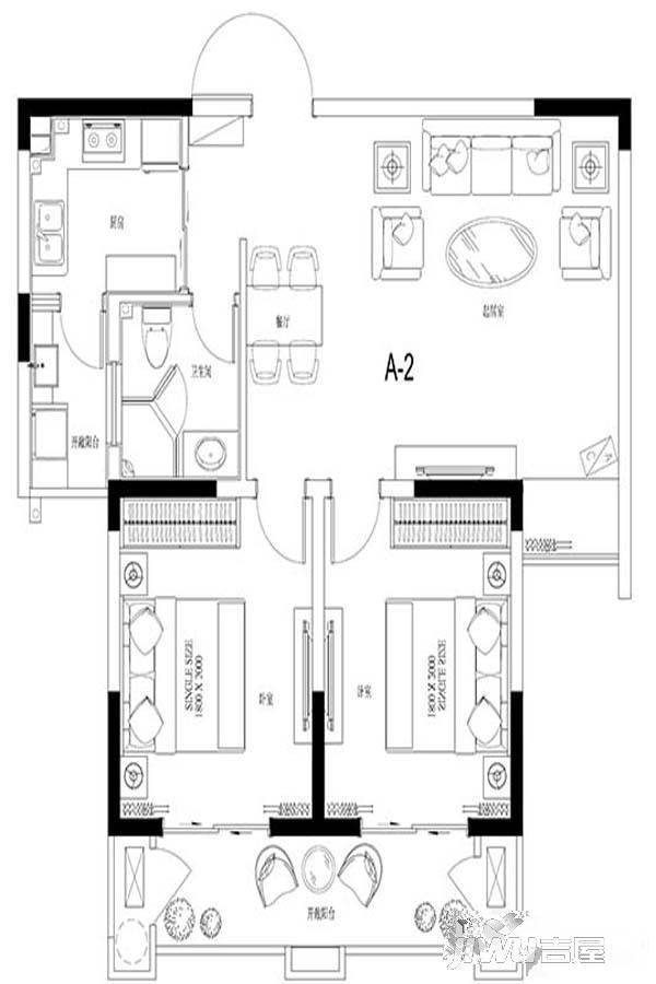 碧湖天辰2室2厅1卫94㎡户型图