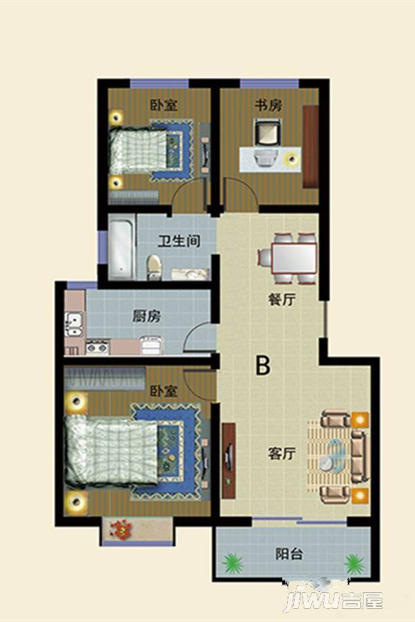 台尚青龙花园3室2厅1卫89㎡户型图