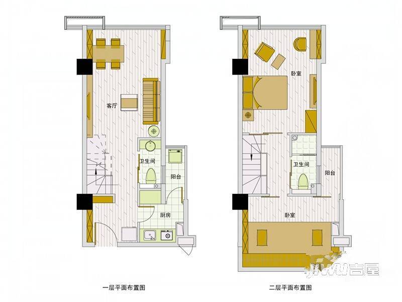 紫荆国际公寓2室2厅2卫45㎡户型图