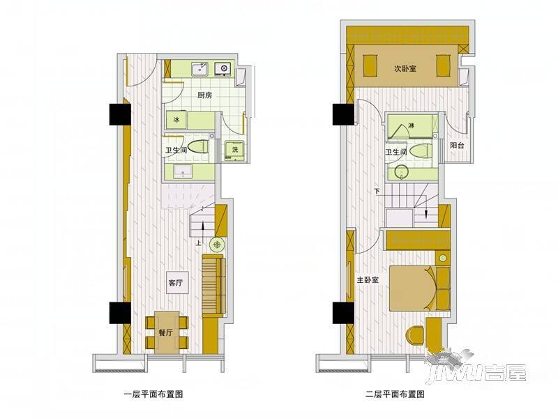 紫荆国际公寓2室2厅2卫45㎡户型图