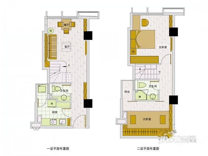 紫荆国际公寓2室2厅2卫45㎡户型图