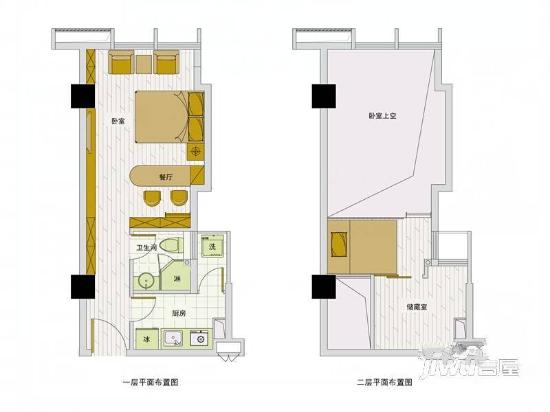 紫荆国际公寓2室2厅2卫45㎡户型图