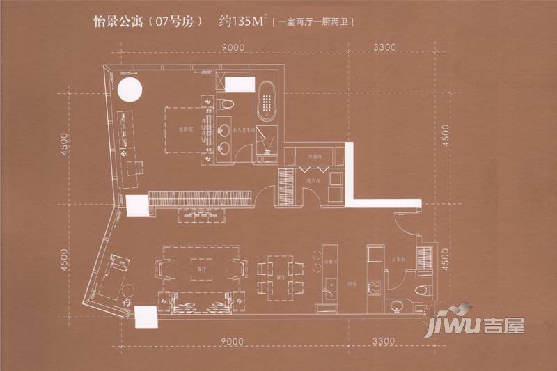 玄武湖金茂广场1室2厅2卫135㎡户型图