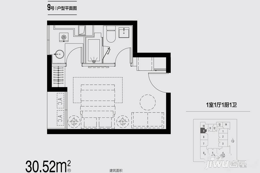 证大御湖国际1室1厅1卫30.5㎡户型图