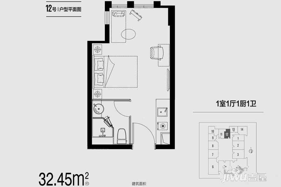 证大御湖国际1室1厅1卫32.5㎡户型图