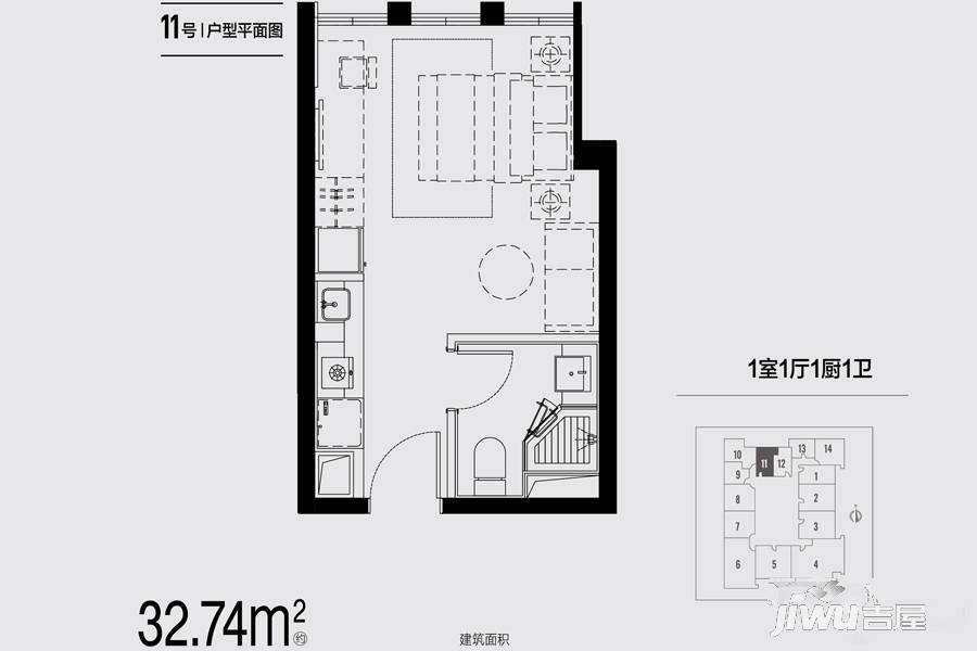 证大御湖国际1室1厅1卫32.7㎡户型图