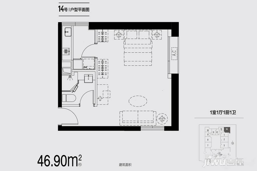 证大御湖国际1室1厅1卫46.9㎡户型图