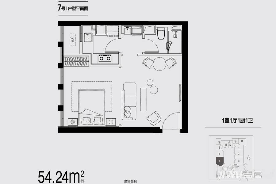 证大御湖国际1室1厅1卫54.2㎡户型图