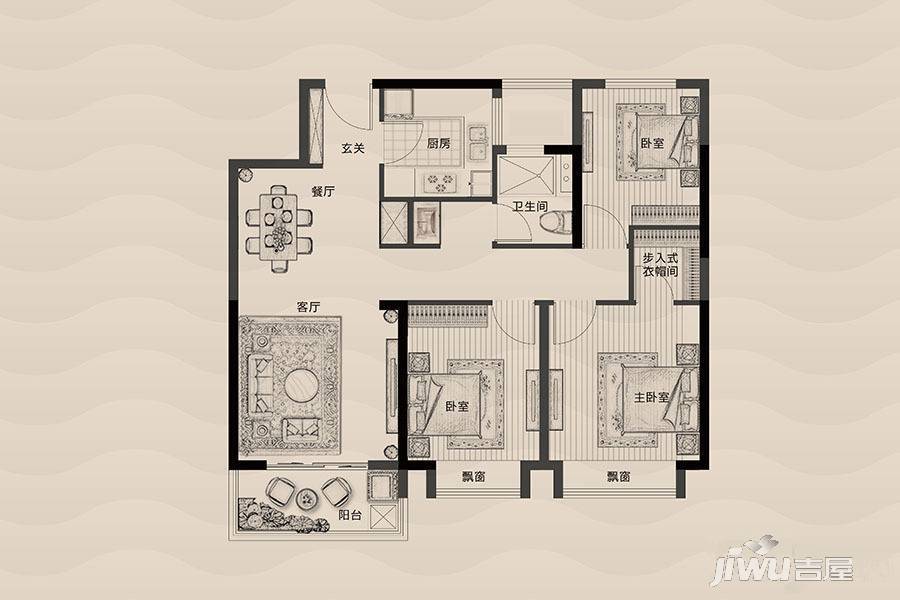 旭辉铂悦秦淮3室2厅1卫100㎡户型图