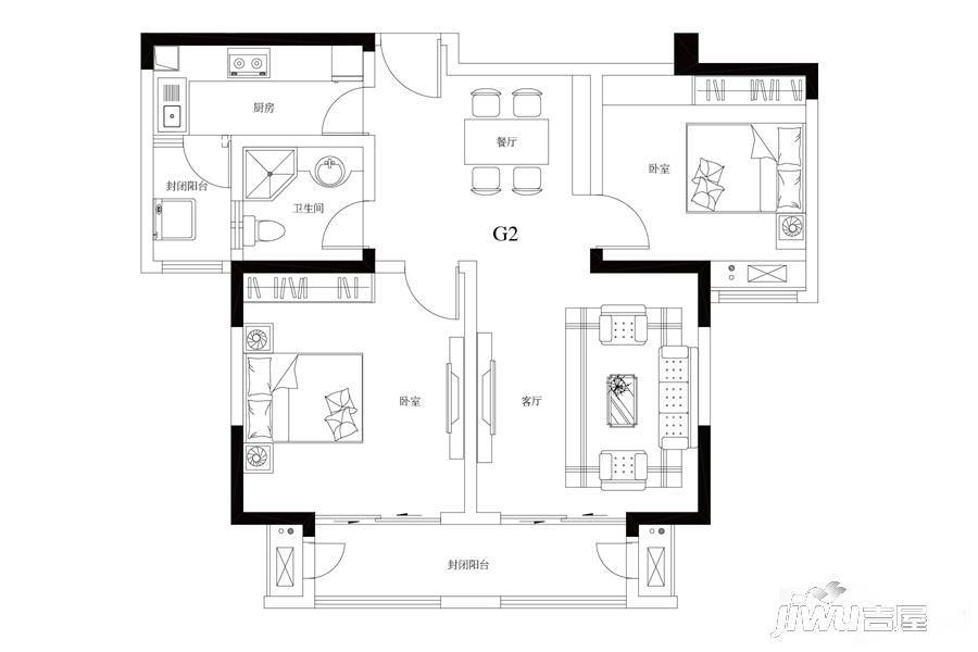 观山悦2室2厅1卫93㎡户型图