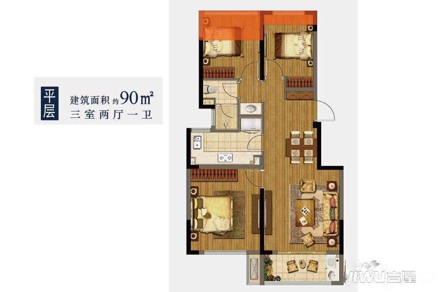 龙湖春江郦城3室2厅1卫90㎡户型图