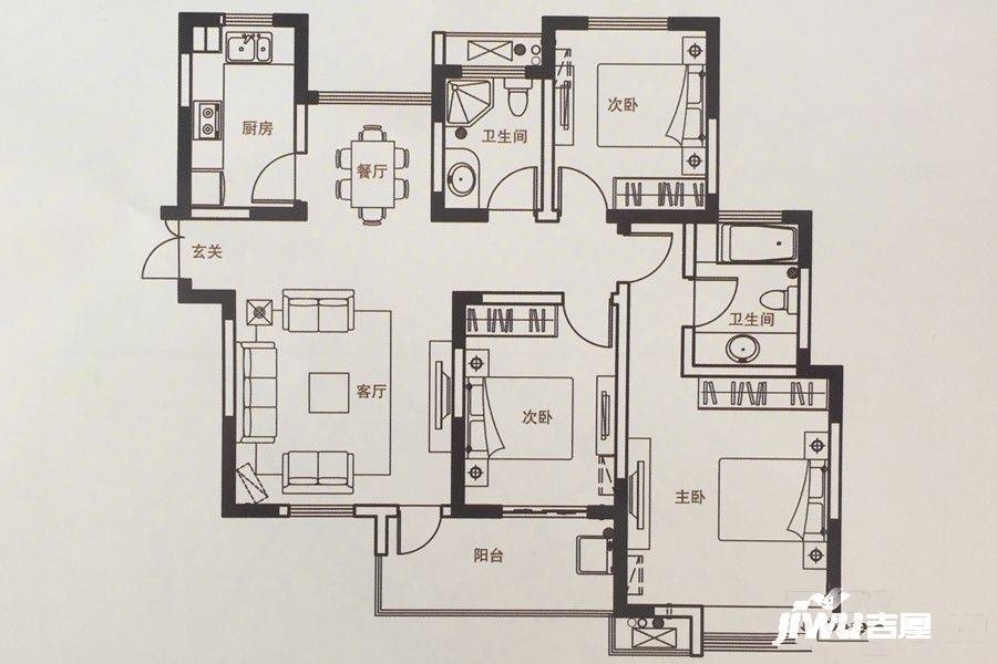 山水云房3室2厅2卫124.7㎡户型图