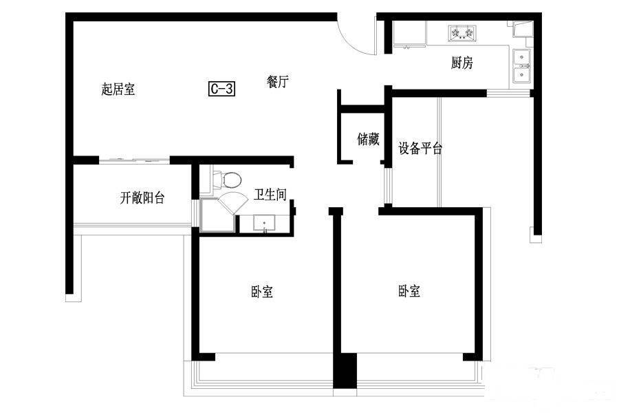 正荣润峯2室2厅1卫90㎡户型图