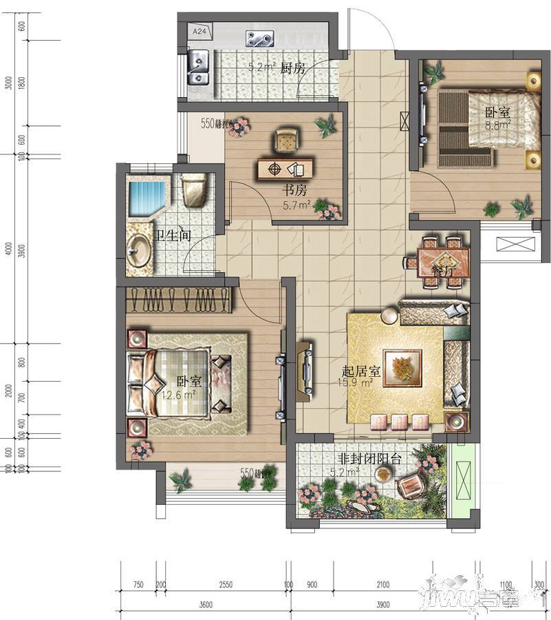 亚泰梧桐世家3室2厅1卫89㎡户型图