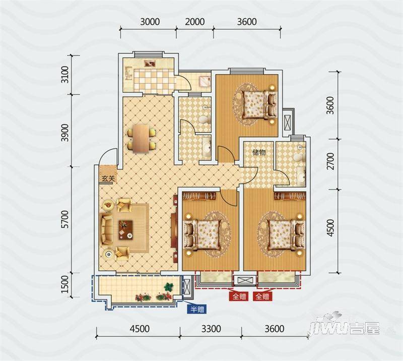 润峰水岸名城3室2厅2卫126㎡户型图