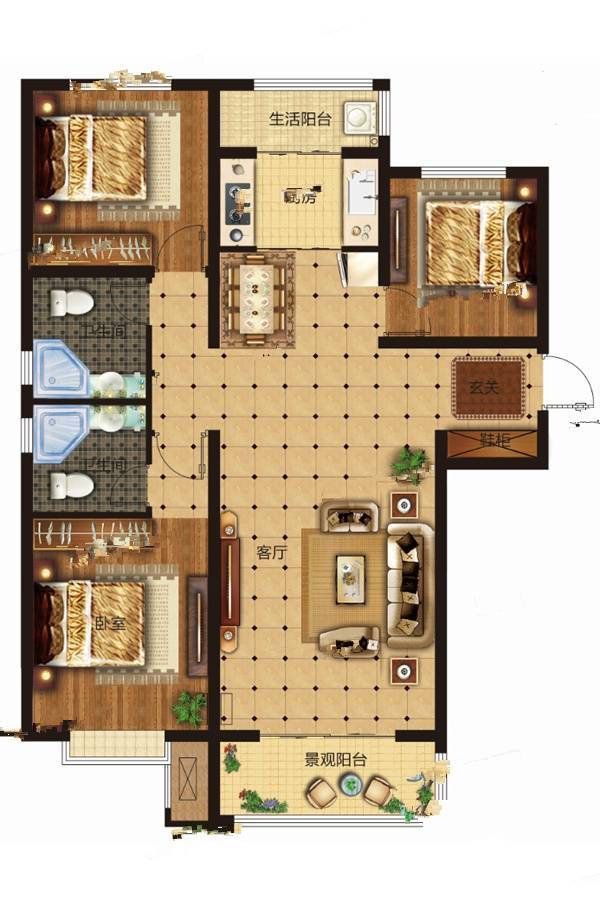 学府名苑3室2厅2卫119㎡户型图