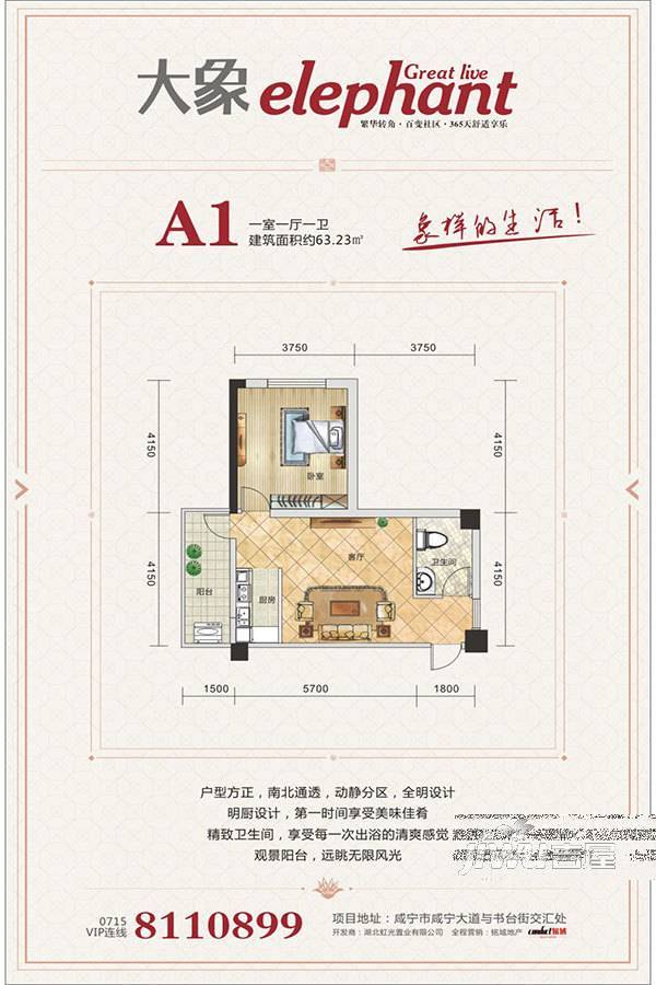 大象1室1厅1卫63.2㎡户型图