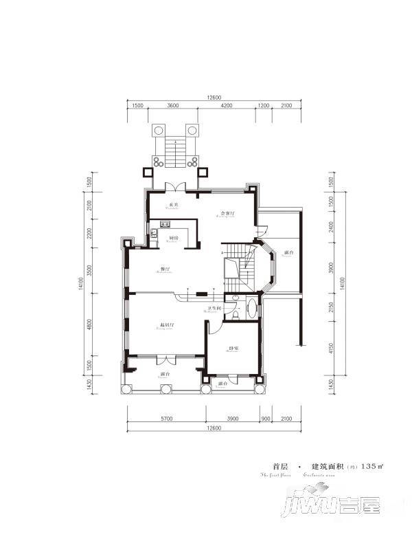 中体玲珑墅二期1室3厅1卫135㎡户型图