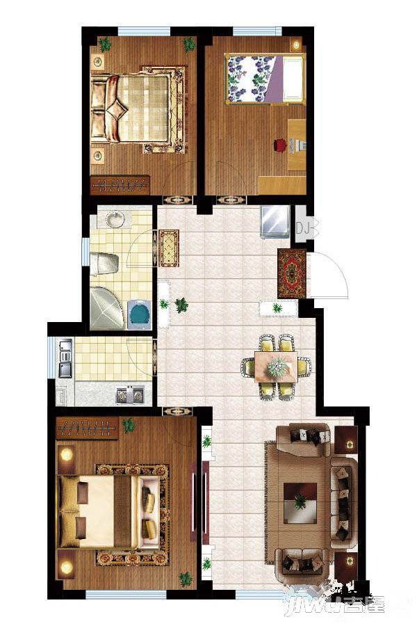 太阳沟里的院子3室2厅1卫102㎡户型图