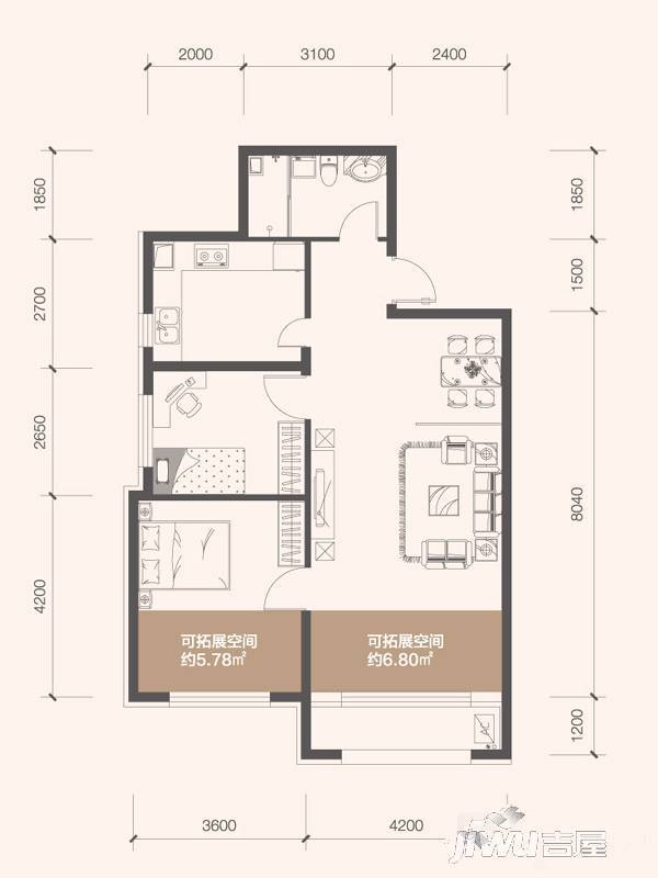 憬园三期上河雲珠2室2厅1卫86㎡户型图