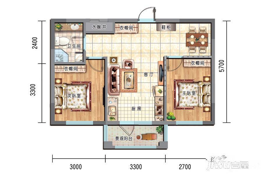 金湾山城2室2厅1卫64㎡户型图