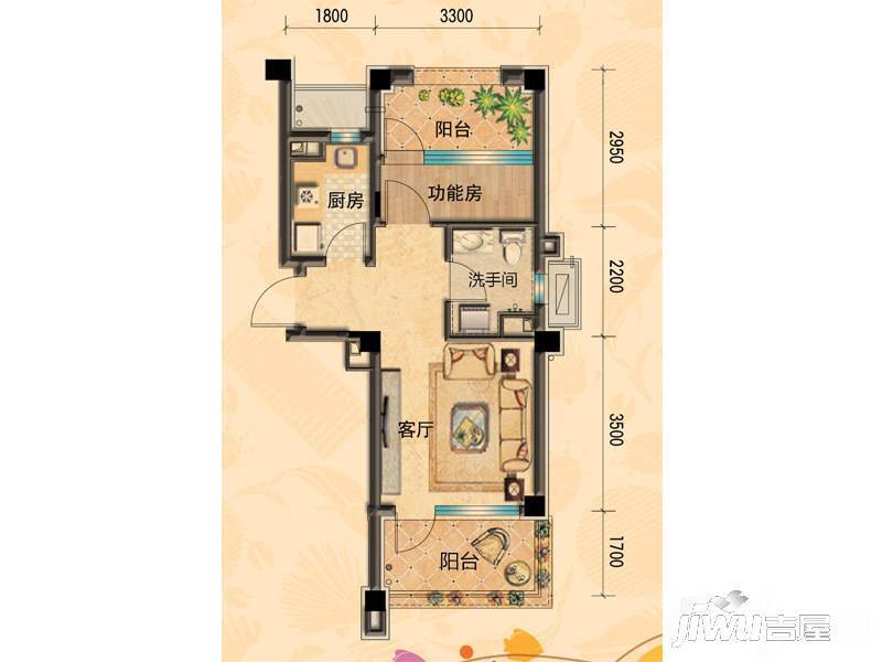 恒基碧桂园金石滩1室1厅1卫47㎡户型图