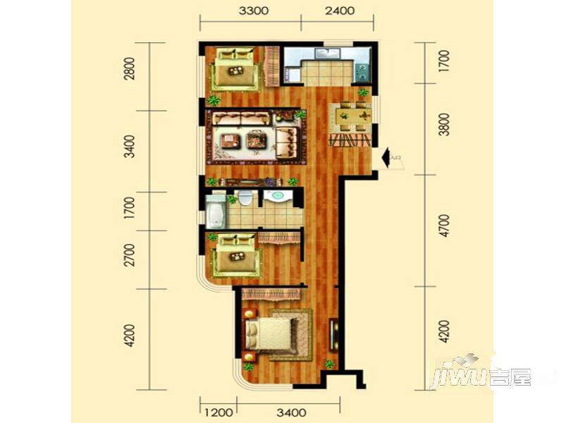 御园3室2厅1卫95.8㎡户型图