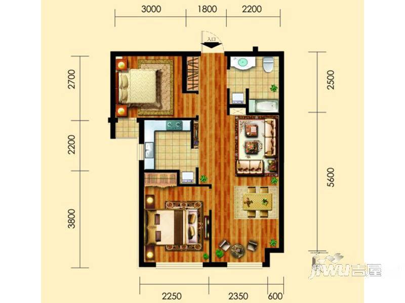 御园2室2厅1卫77.9㎡户型图