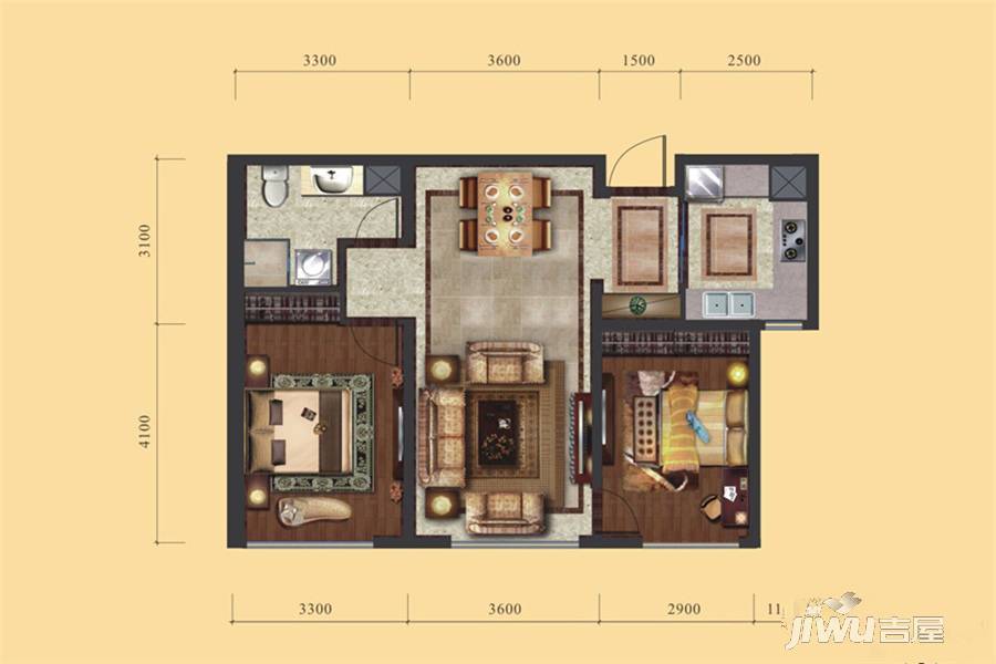 大连中航国际广场玖仰公馆2室2厅1卫88㎡户型图