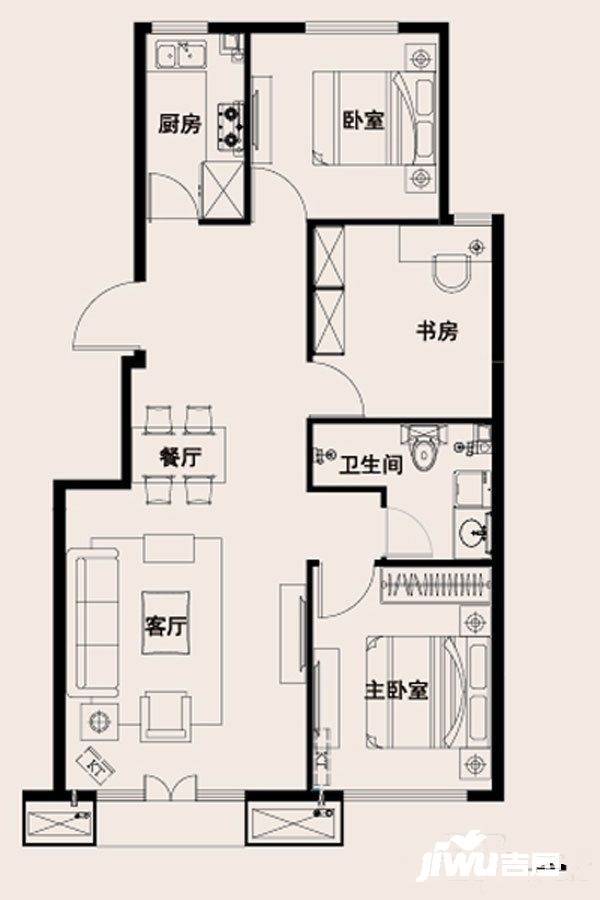 金地保利墅苑风华3室2厅1卫92㎡户型图